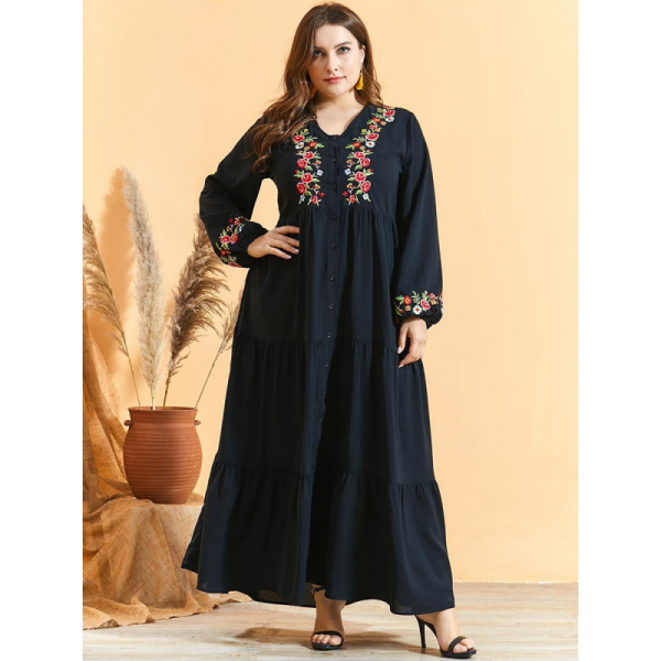 Orientální dámské dlouhé šaty Abaya černé s květinovou výšivkou