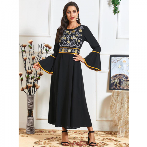 Orientální dámské dlouhé šaty Abaya černé s úzkým pasem