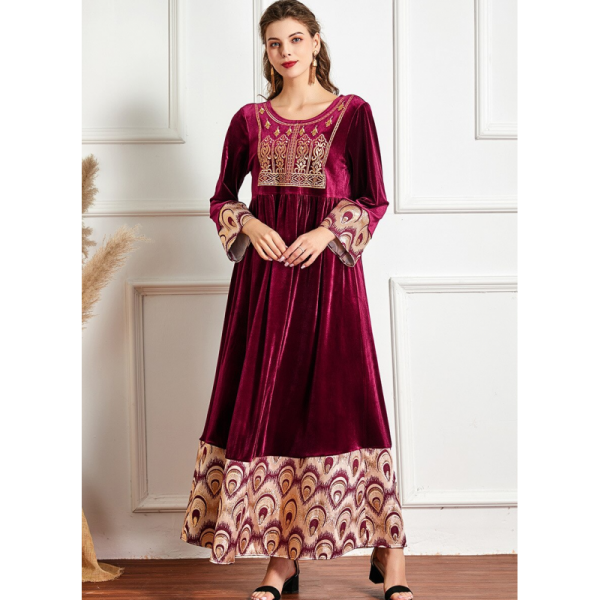 Abaya dámské sametové orientální vínové šaty
