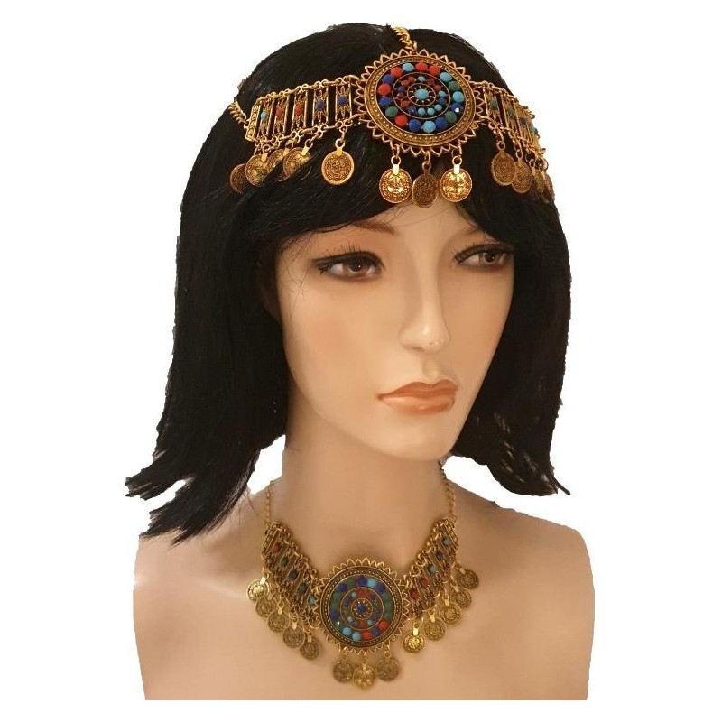 Tribal kovový náhrdelník Kleopatra s korálky - zlatý