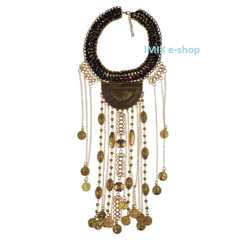 Tribal Boho extra dlouhý náhrdelník v retro stylu s penízky