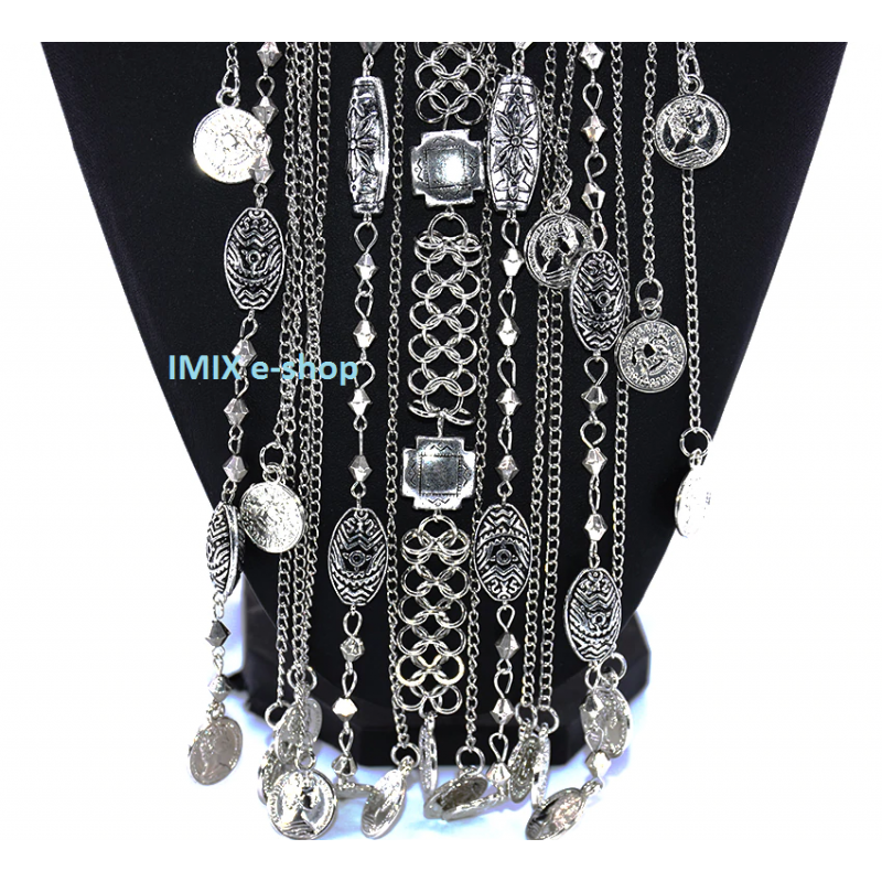 Tribal Boho extra dlouhý náhrdelník v retro stylu s penízky